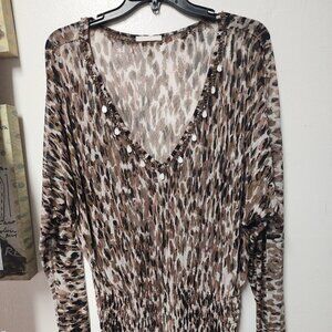 MiFresia Sheer Animal print 100 silk top smocking at waist EUC